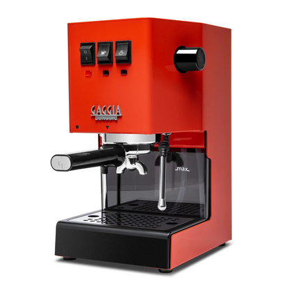 A Saccia Espresso semi-automatic espresso machine in a vibrant matte red finish with black accents, featuring a digital control panel, portafilter, and drip tray on a clean white background.

