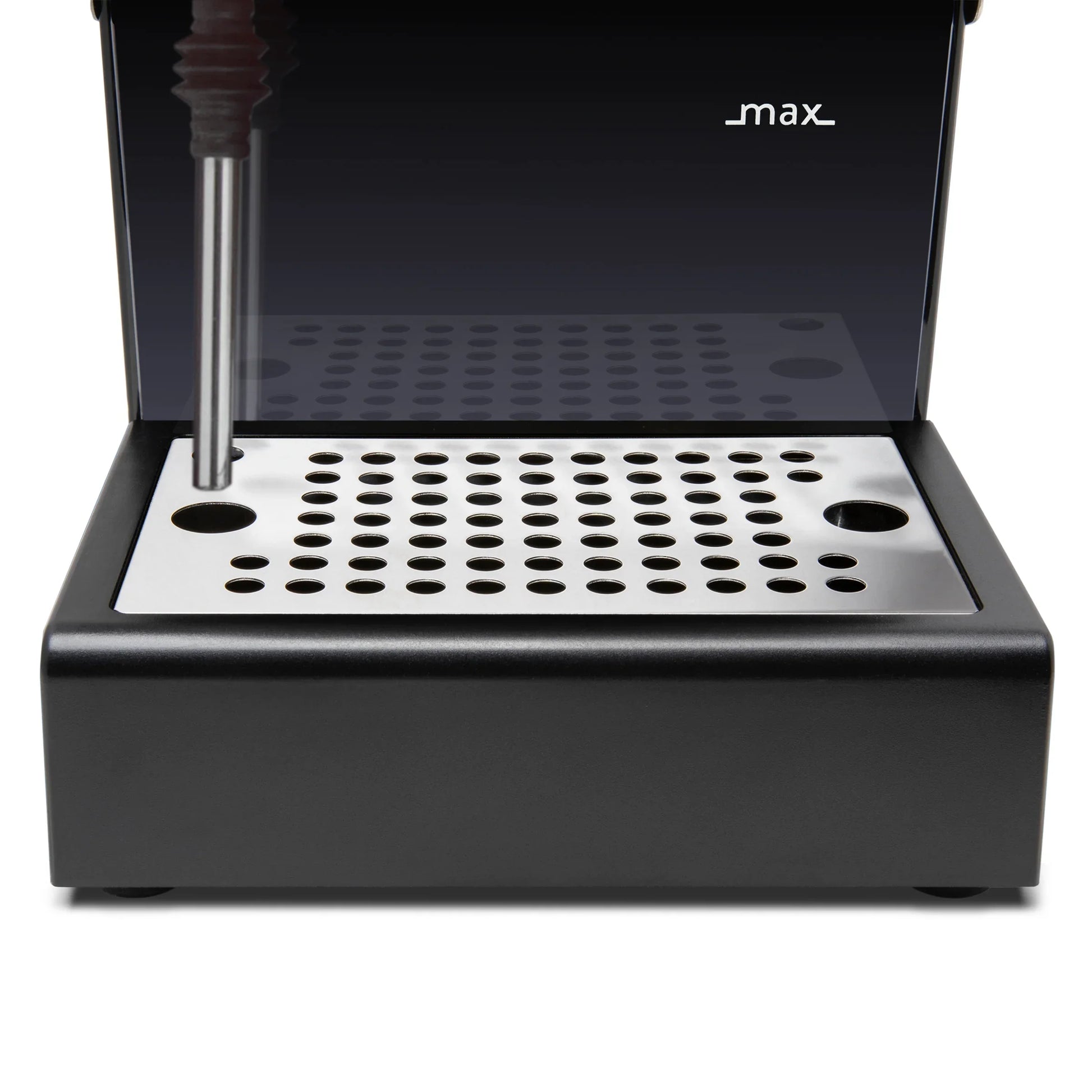Black and silver device with 'max' branding on a white background

